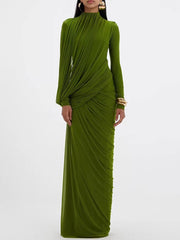 Close-up of the asymmetrical draping across the bodice, showing wrap-style folds that contour the waist and create a sculpted finish.