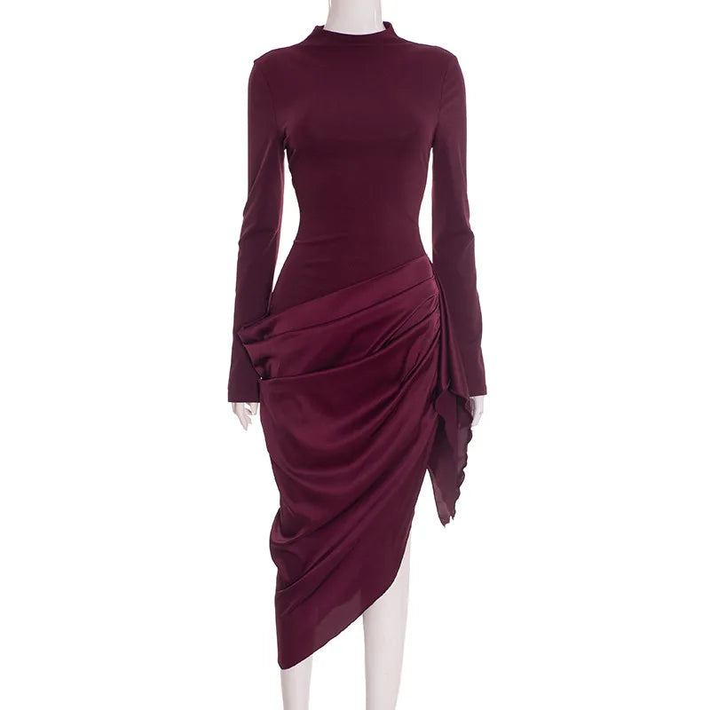 Long sleeve sheath midi dress with folded ruching and clean lines