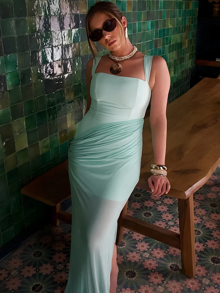 Poolside club evening backless blue gown with ruching