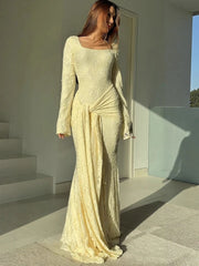 Autumn formal long sleeve gown in yellow jacquard for elegant occasions