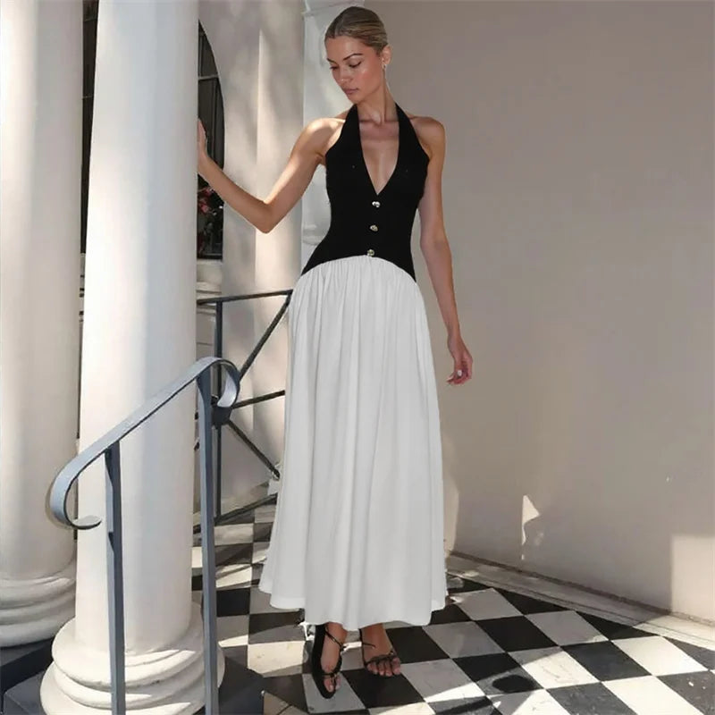 Women’s sleeveless halter patchwork club dress