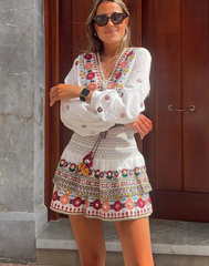 Embroidered Paisley Long Sleeve Top and Smocked Skirt Set