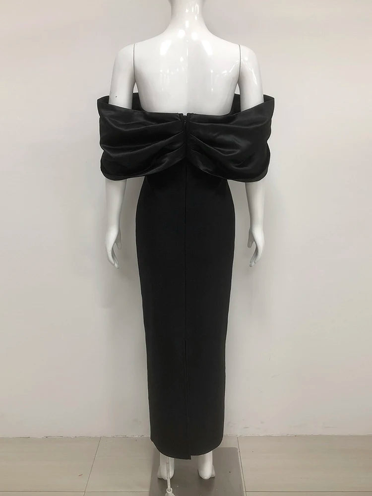 Back view of gradient crystal beading on a bodycon maxi dress on a mannequin against a white background