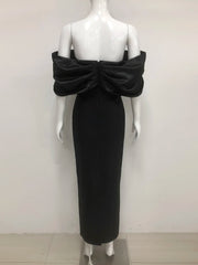 Back view of gradient crystal beading on a bodycon maxi dress on a mannequin against a white background