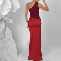 Back view of red sleeveless satin drape gown