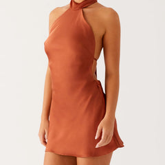 Backless A-line summer mini dress in rust for vacation or parties