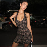 Backless black lace dress for women’s evening club style