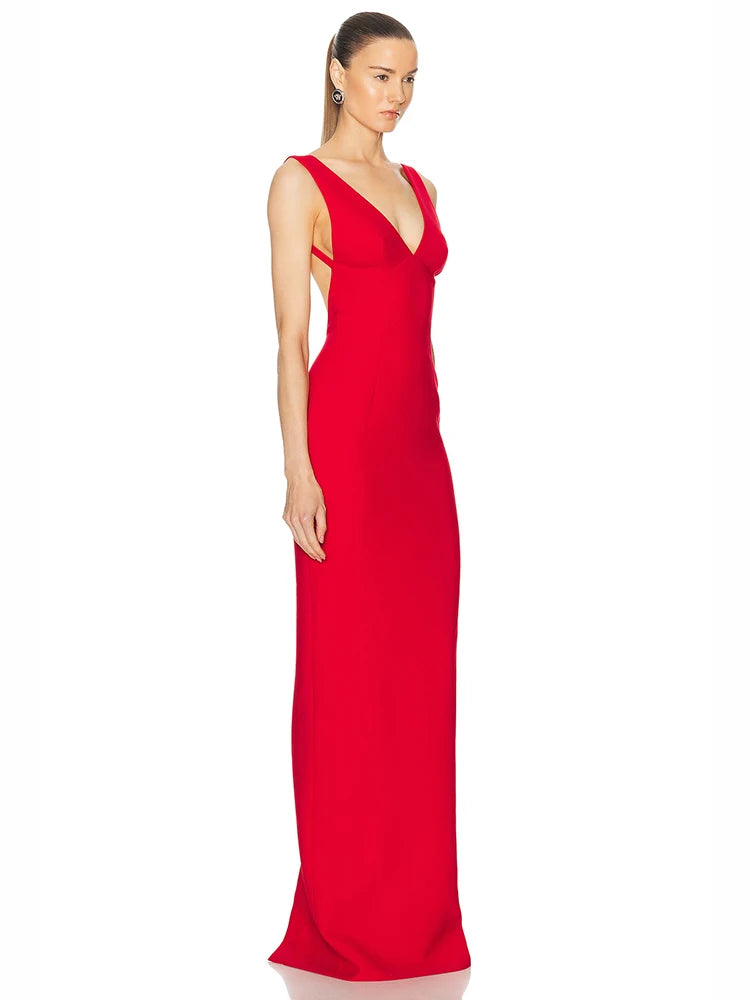 Backless bodycon ankle-length gown in bold red for parties