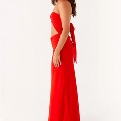 A close-up of the backless detail on the maxi dress.