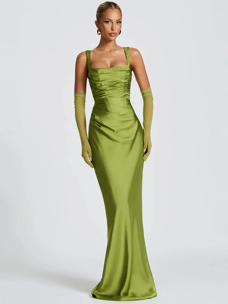 Backless green formal dress styled ankle-length for weddings and galas