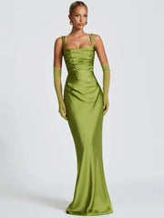 Backless green formal dress styled ankle-length for weddings and galas
