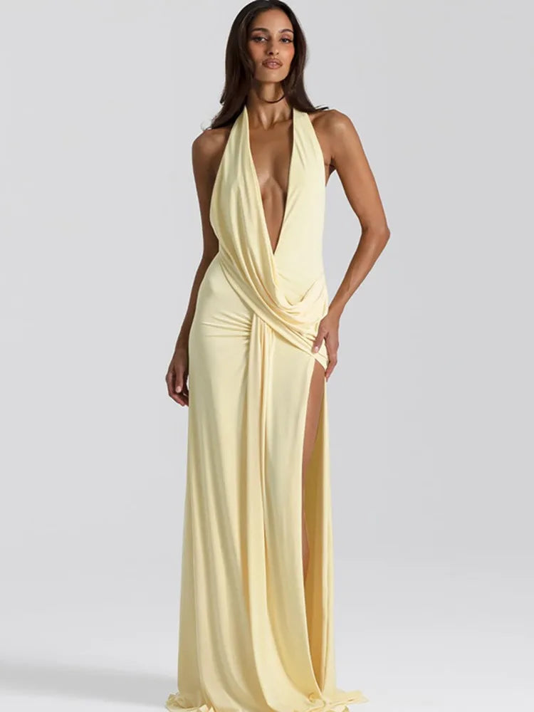 backless halter maxi gown styled for evening elegance