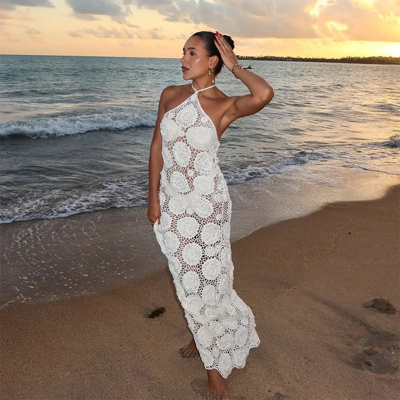 Knitted lace sheath maxi dress for summer holidays in white
