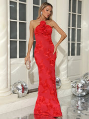 Backless lace-up floor-length gown with floral appliques