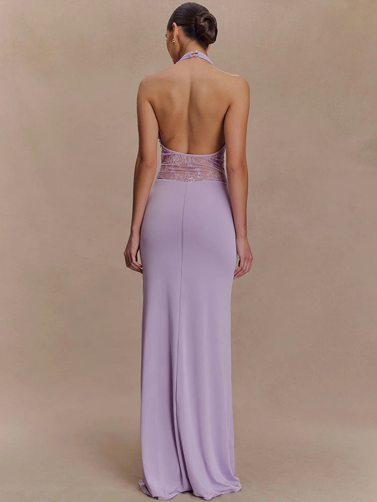 Backless lavender maxi dress styled for weddings and special events