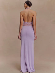 Backless lavender maxi dress styled for weddings and special events