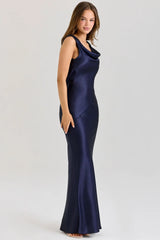 Backless navy sheath party dress with elegant pile collar