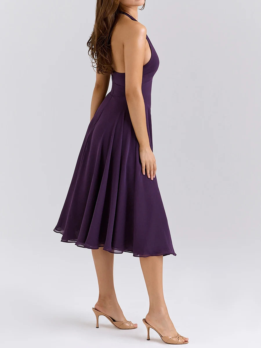 Backless purple midi dress with a-line silhouette for brunch or parties
