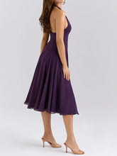 Backless purple midi dress with a-line silhouette for brunch or parties