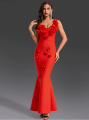 Backless slim bodycon ankle-length gown with floral appliques