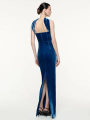 Backless slim bodycon evening gown with mid-calf slit