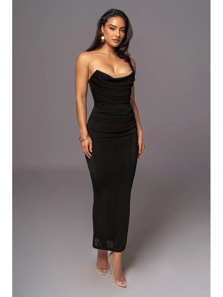 Backless slim bodycon mid-calf gown with elegant folds