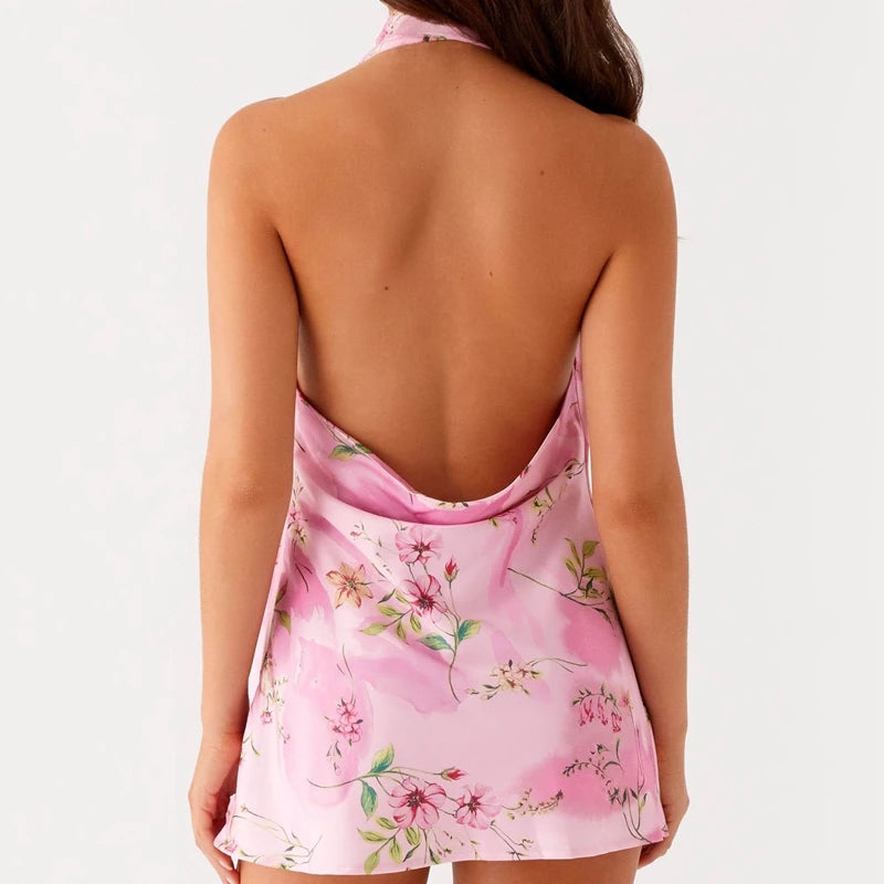 Backless pink floral mini dress with bodycon fit