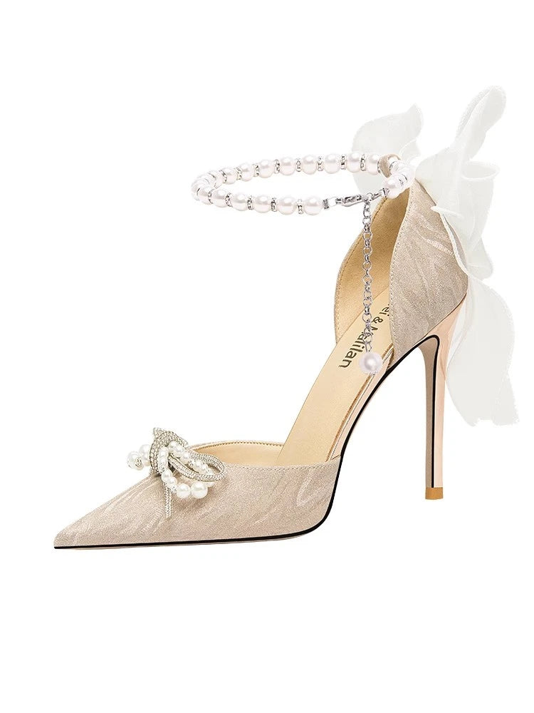 Beaded ankle strap wedding shoes with statement bow and pearls