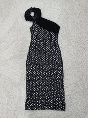 Beaded black polka dot dress worn as unique formal eveningwear
