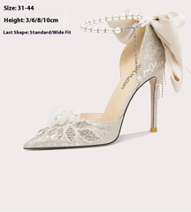 Beaded lace white party heels with pointed toe