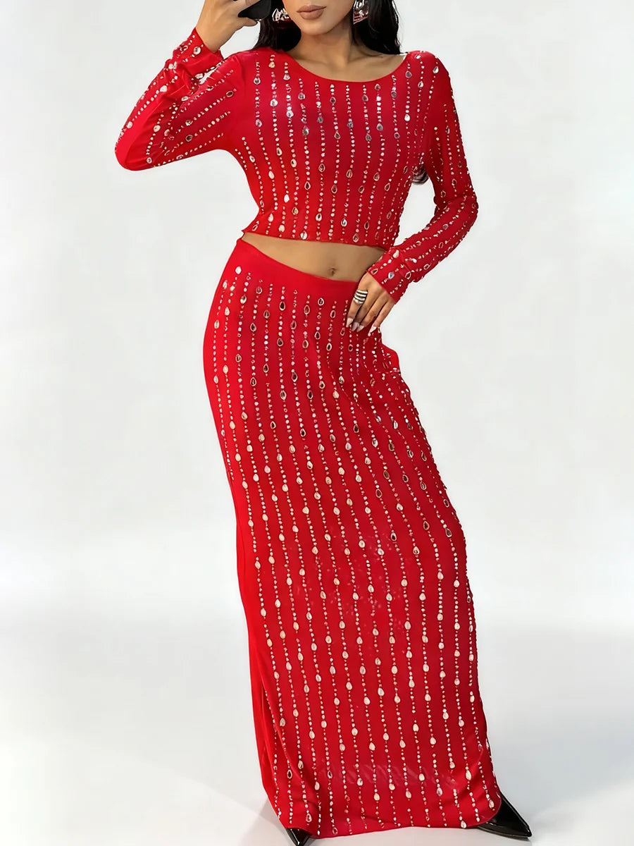 Beaded red evening skirt set with striped detailing
