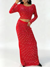 Beaded red evening skirt set with striped detailing