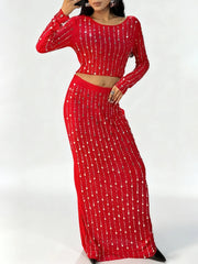 Beaded red evening skirt set with striped detailing