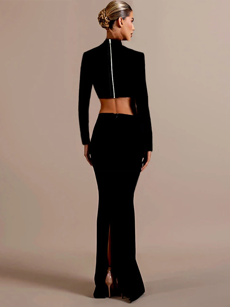 Beaded long sleeve cropped top with slim ankle-length skirt