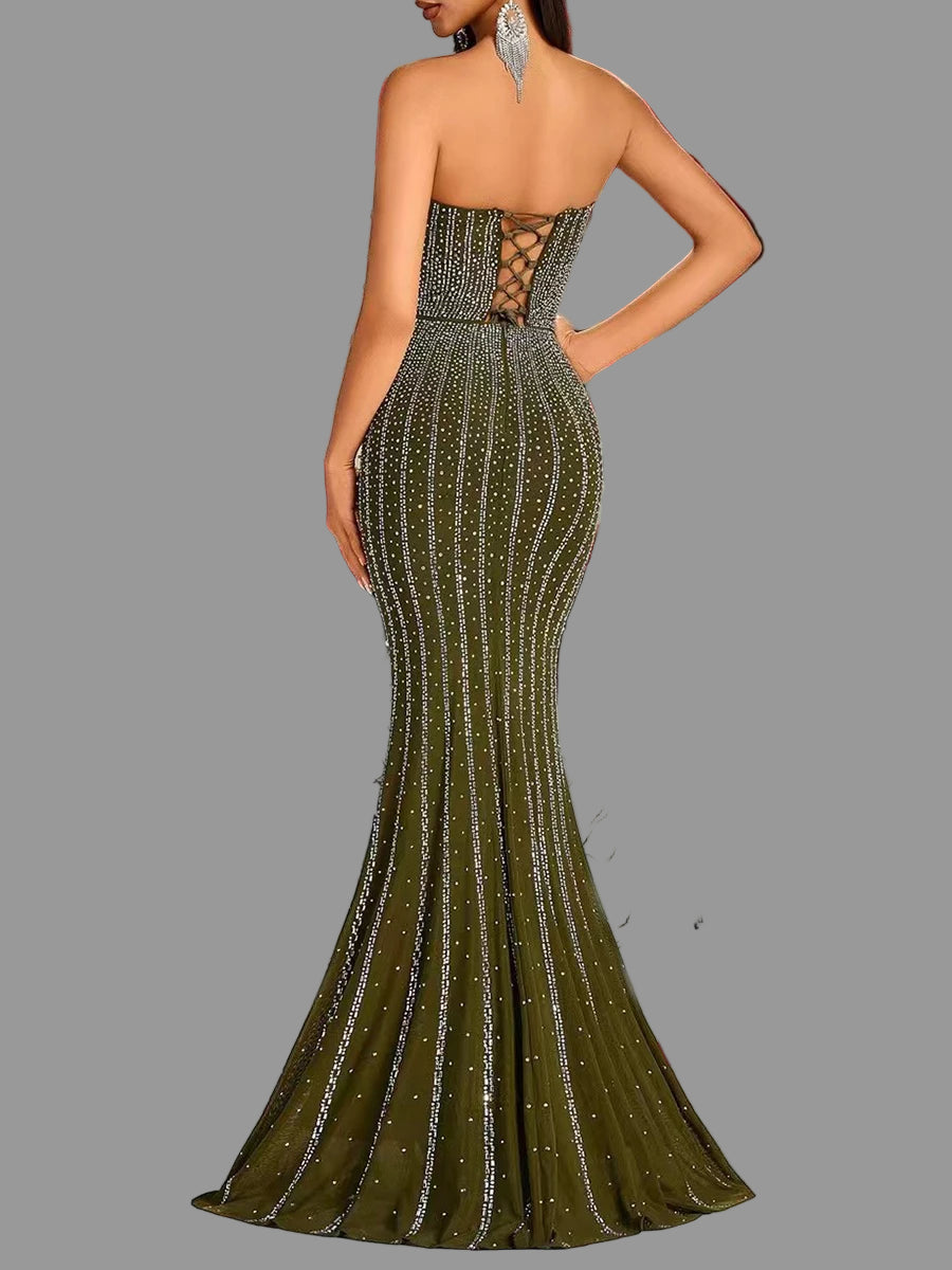 Beaded lace-up back evening maxi dress for women