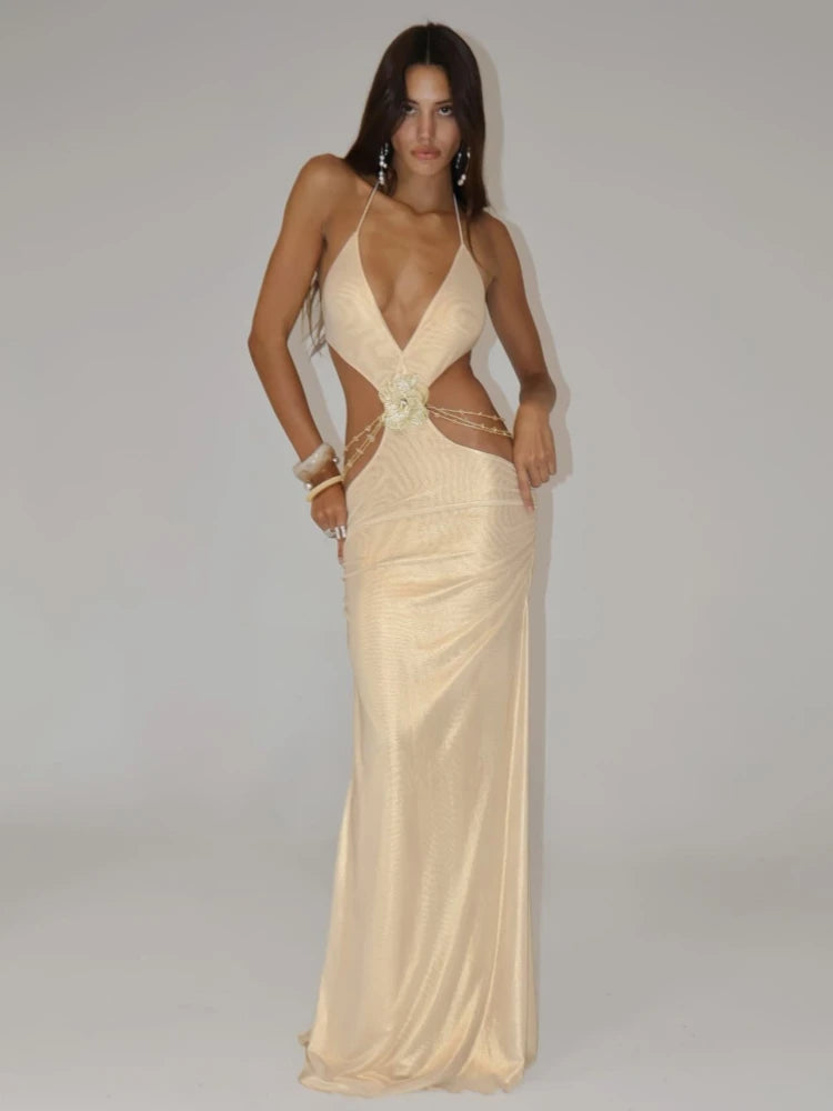 Gold deep-V evening gown displayed with elegant slim silhouette.
