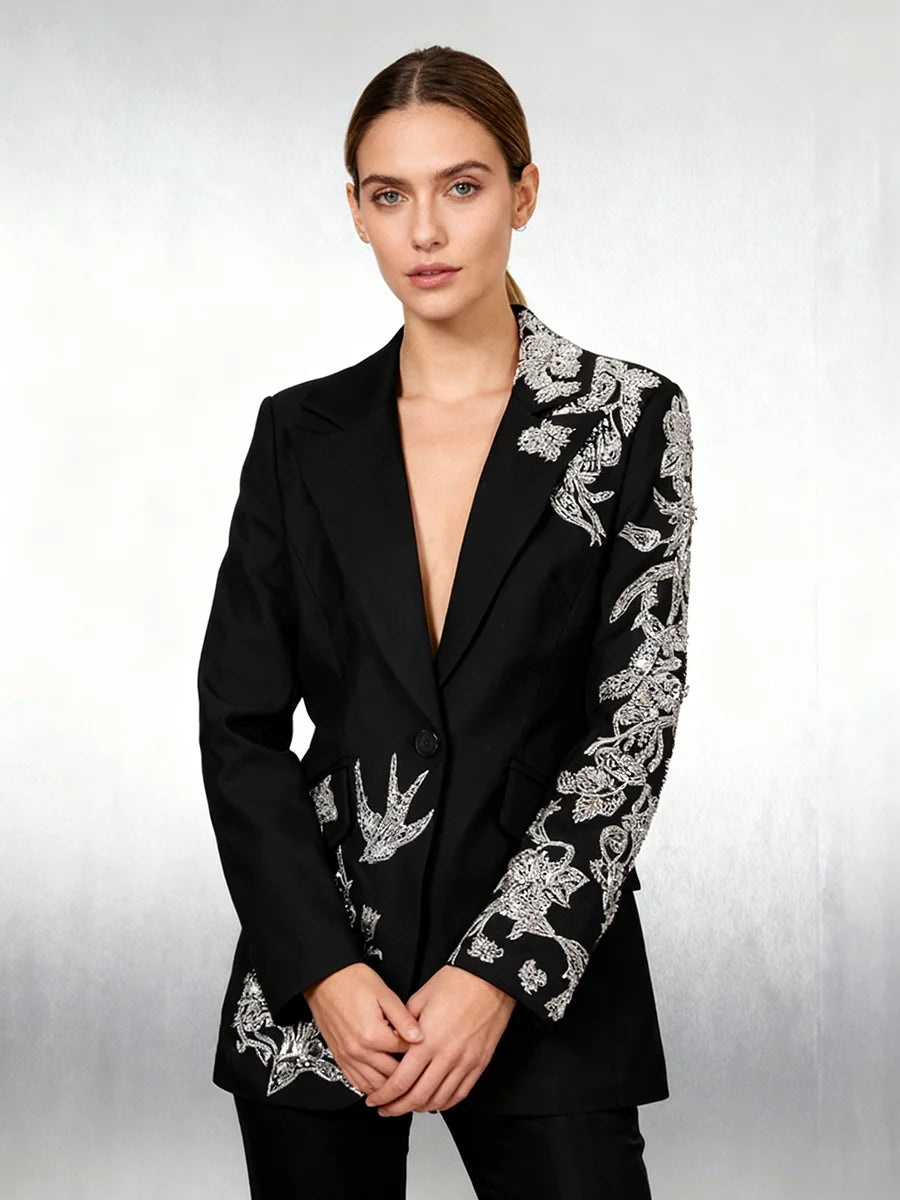 Beaded black blazer styled for evening and formal wear