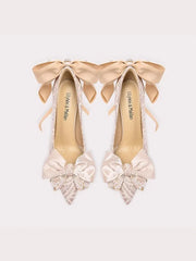 Beige bow lace party pumps styled for weddings and special occasions
