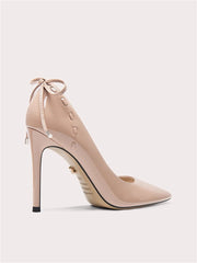 Beige bow patent stiletto heels with butterfly-knot back detail