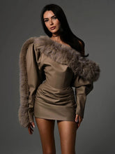 Beige faux leather mini dress with one-shoulder fur accent for winter