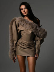 Beige faux leather mini dress with one-shoulder fur accent for winter
