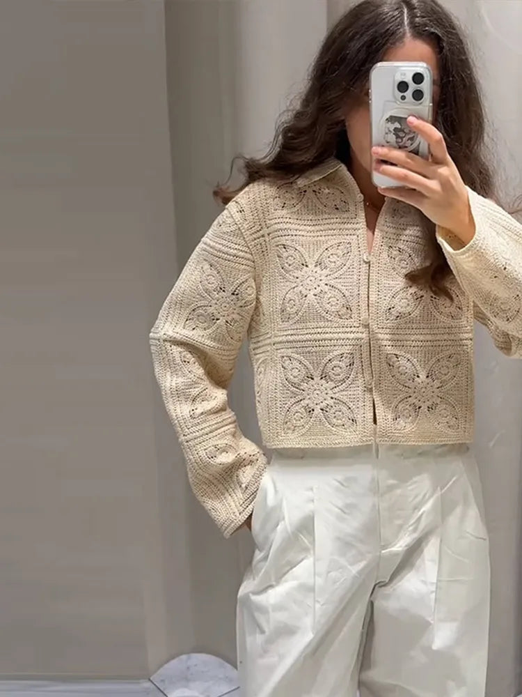 Beige hollow knit cardigan and shorts set for women