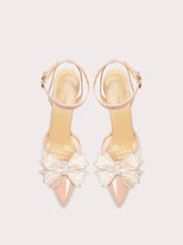 Beige mesh bow stiletto heels styled for bridal and event occasions