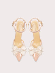 Beige mesh bow stiletto heels styled for bridal and event occasions