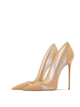 Beige mesh pointed party pumps styled for modern events and weddings