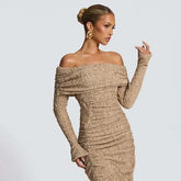 Beige off-shoulder pleated long dress styled for autumn events