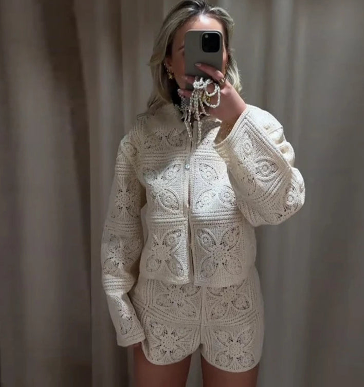 Beige knit matching set with long sleeves and shorts