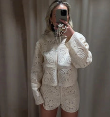 Beige knit matching set with long sleeves and shorts