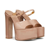 Beige platform block heel sandal for weddings and events