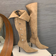 Beige knee-high pointed toe boots with slim heels